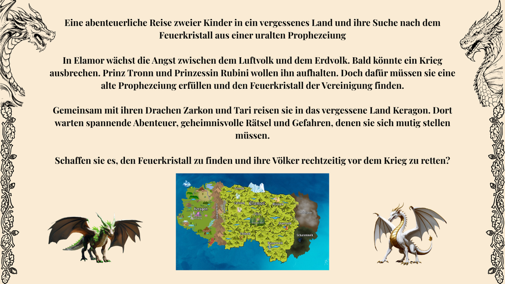 Klappentext mit Drachenbildern und einer Karte von Elamor